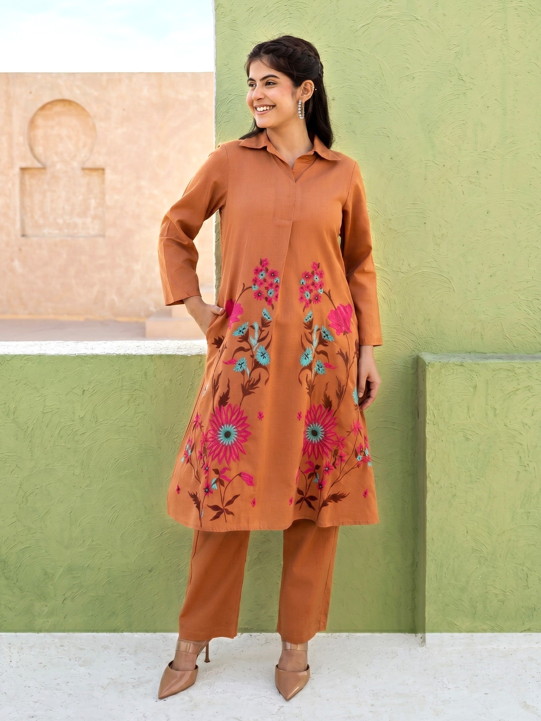 Viva toffee embroidery cotton co-ord set