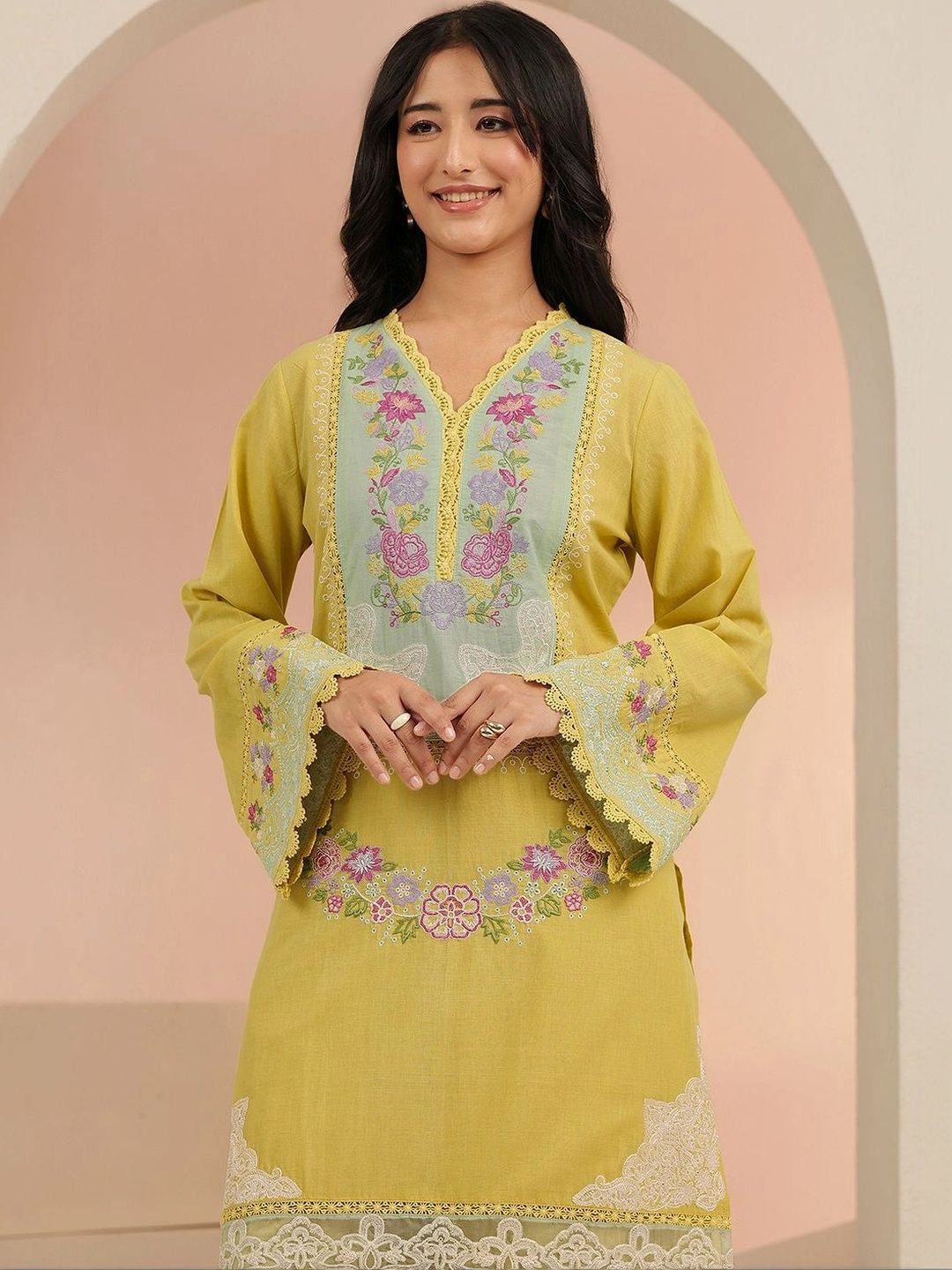 Yellow Floral Embroidered Cotton Straight Suit Set