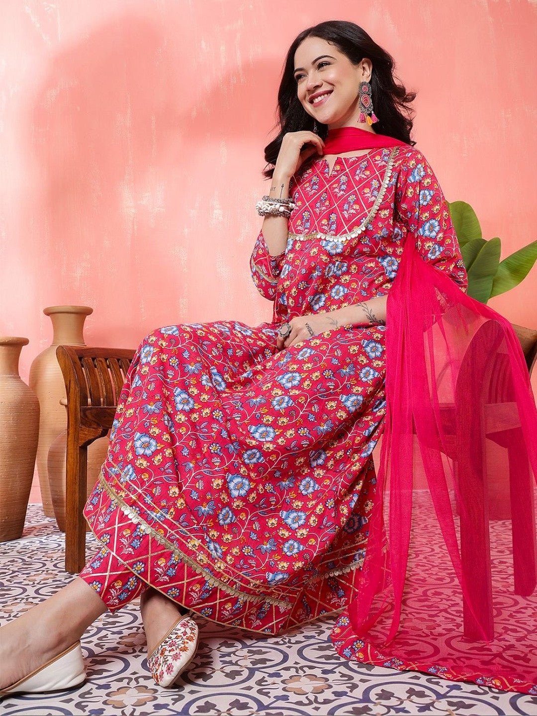 Embroidered Pure Cotton Round Neck Kurta & Palazzos Kurta Sets