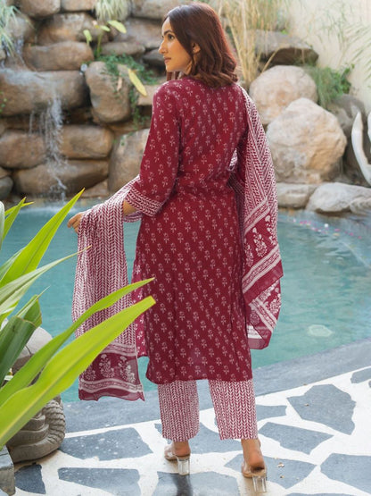 Dhiyona KL Women Paisley Printed Regular Mirror Work Pure Cotton Kurta with Trousers & Dupatta
