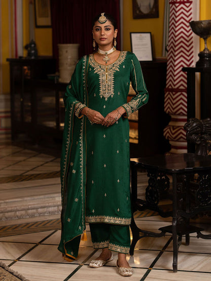 Dhiyona CH Floral Embroidered Sequinned Straight Kurta With Trousers & Dupatta