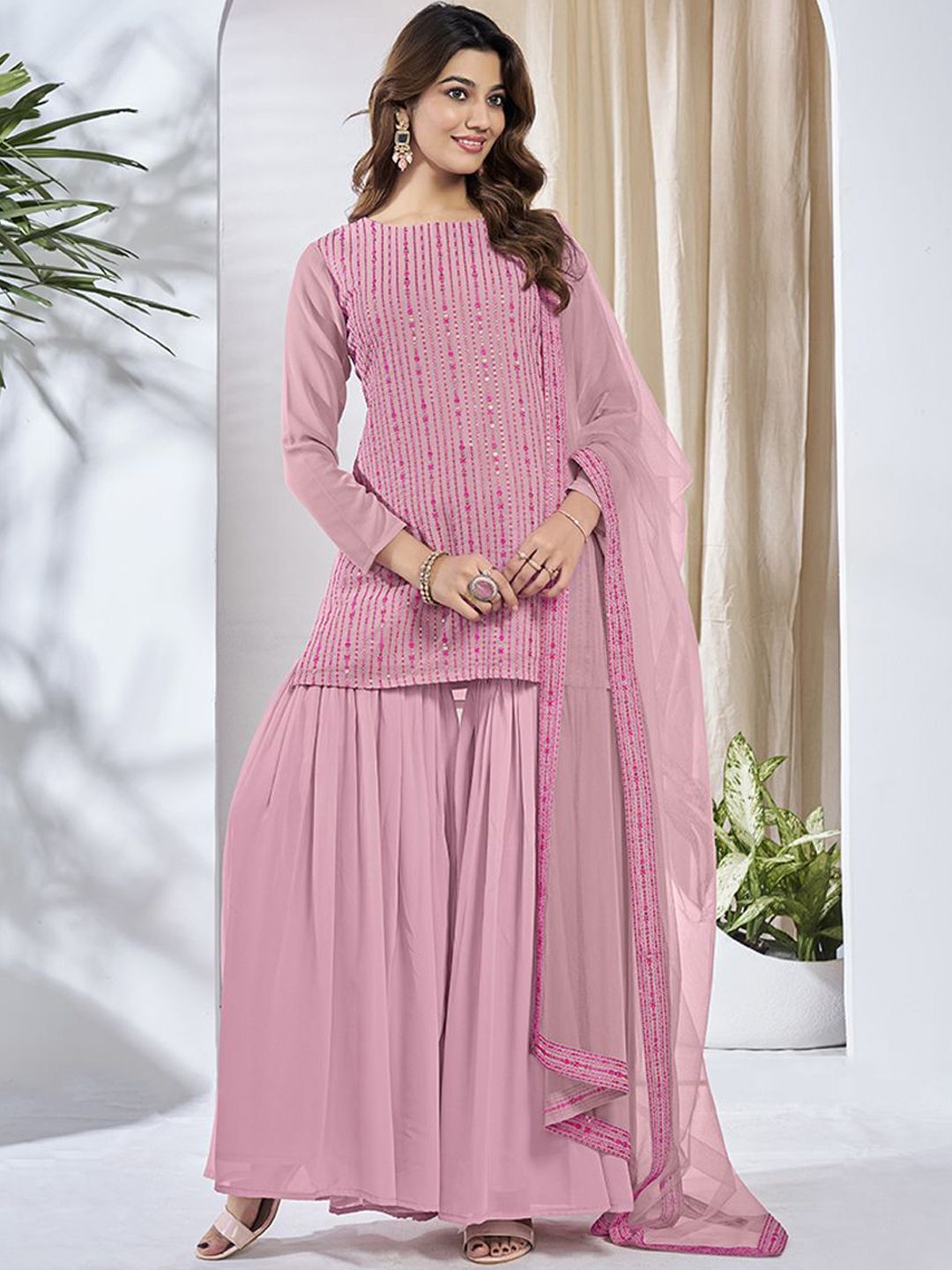Dhiyona IN Floral Embroidered Round Neck Sequinned Georgette Kurta With Sharara & Dupatta