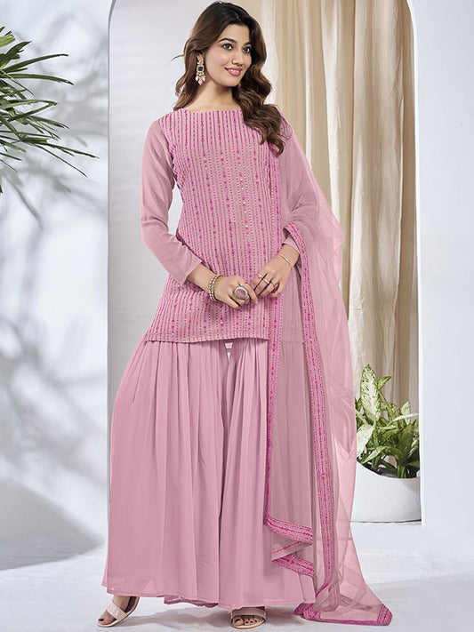 Dhiyona IN Floral Embroidered Round Neck Sequinned Georgette Kurta With Sharara & Dupatta