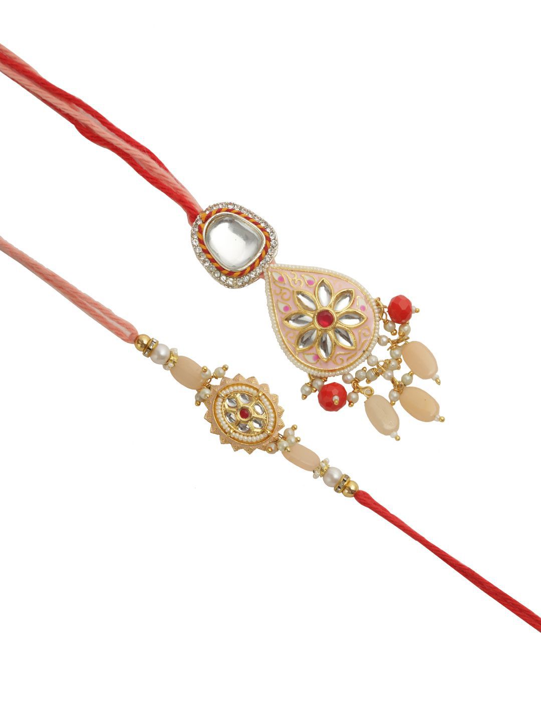 Dhiyona Red Stone Studded & Beaded Bhaiya Bhabhi Thread Rakhis With Roli Chawal