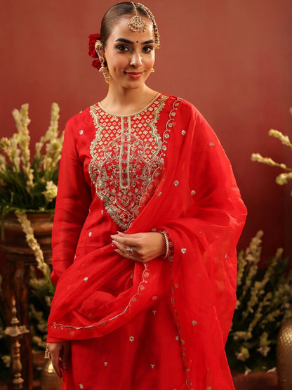 Dhiyona SC Red Women Ethnic Motifs Embroidered Thread Work Kurti with Sharara & Dupatta