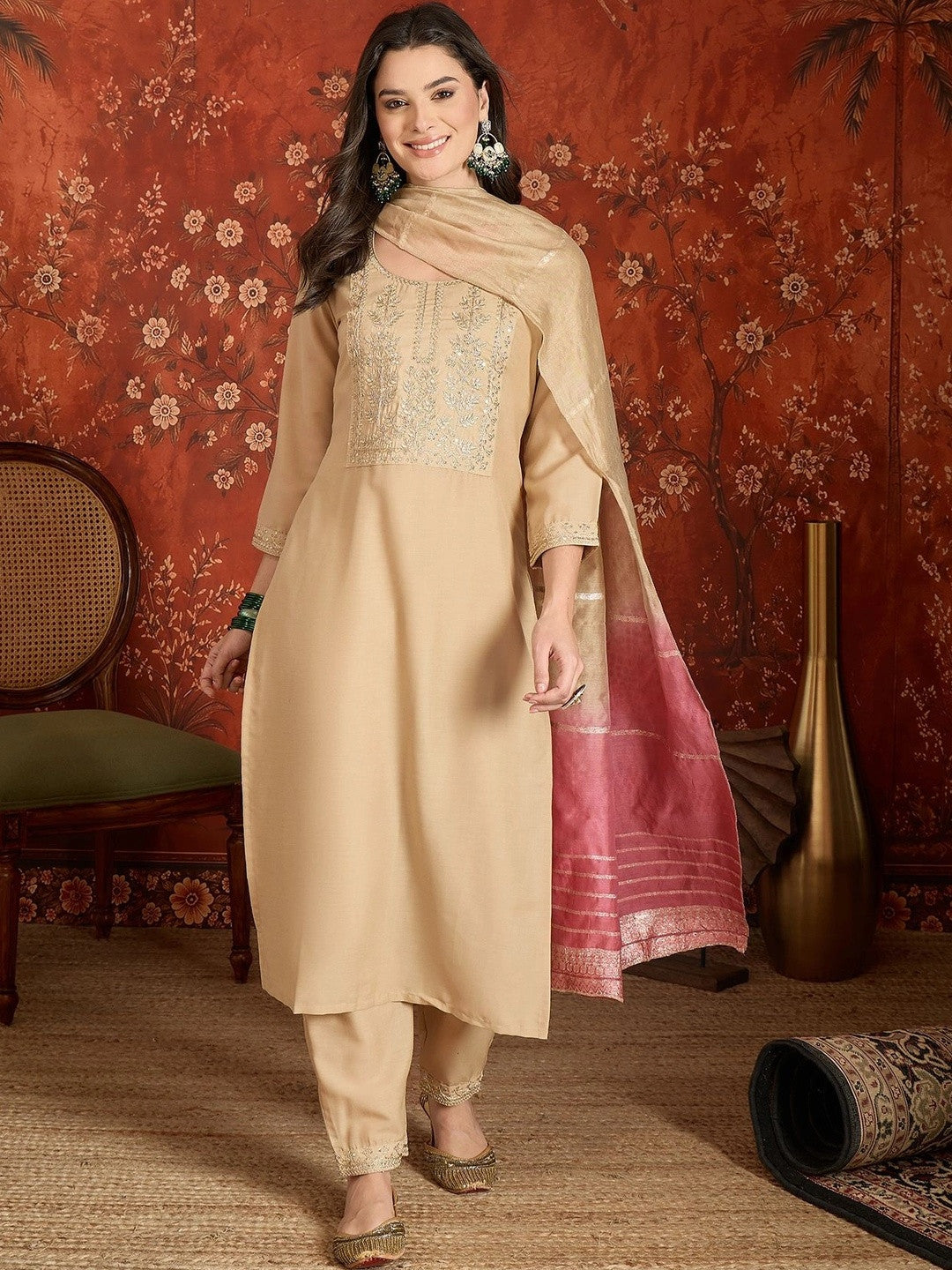 Women Ethnic Motifs Embroidered Regular Sequinned Kurta with Trousers & With Dupatta