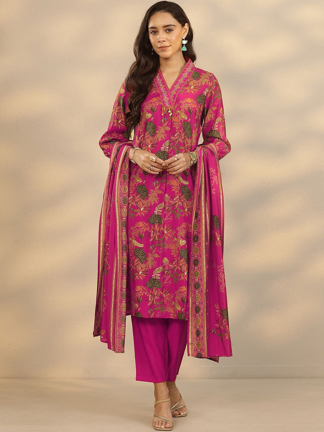 Floral Printed V-Neck Straight Kurta With Trousers & Dupatta
