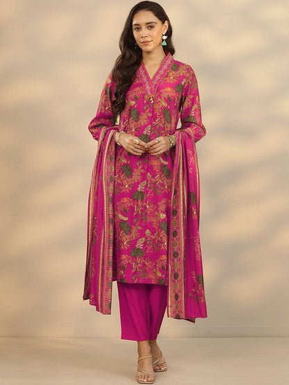 Floral Printed V-Neck Straight Kurta With Trousers & Dupatta