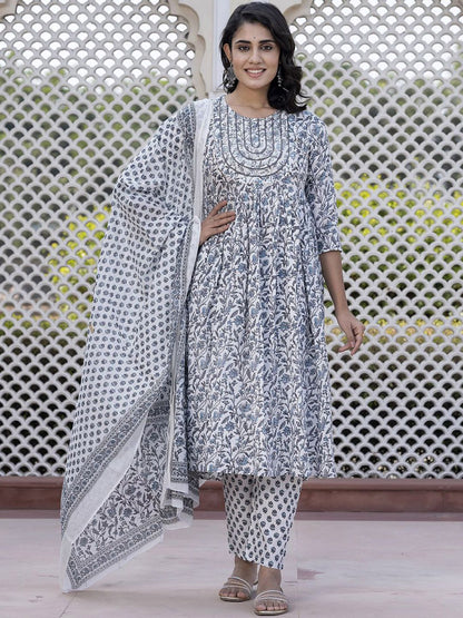 Dhiyona KL Floral Printed Thread Work Pure Cotton Anarkali Kurta With Trouser & Dupatta