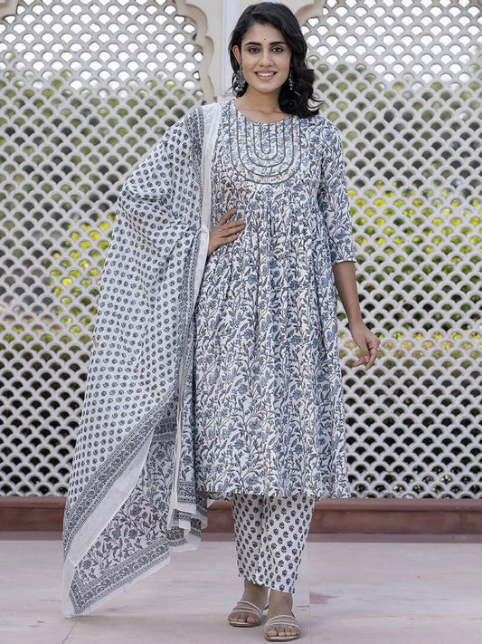 Dhiyona KL Floral Printed Thread Work Pure Cotton Anarkali Kurta With Trouser & Dupatta