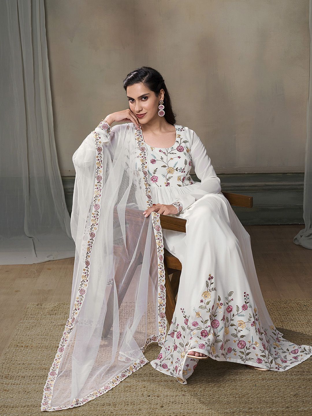 Dhiyona IN Floral Embroidered Thread Work Georgette A-Line Kurta With Palazzos And Dupatta