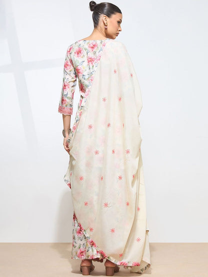 Dhiyona KL Women Floral Printed Regular Thread Work Kurta with Palazzos & With Dupatta