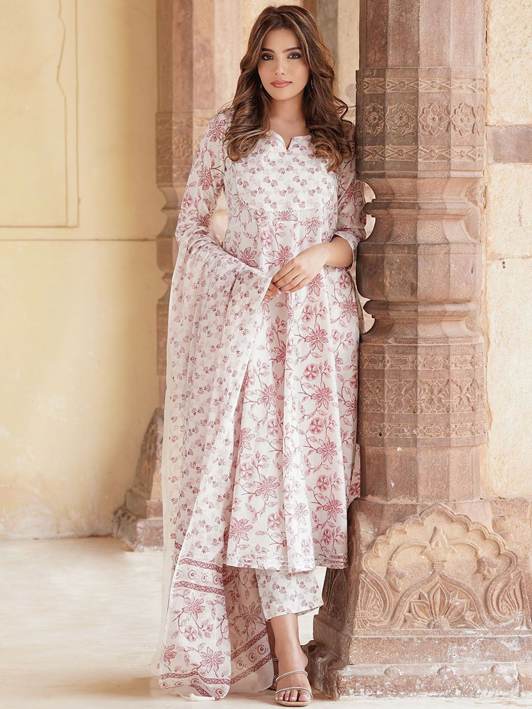 Dhiyona KL Floral Printed Notch Neck Pure Cotton Anarkali Kurta with Trousers & Dupatta