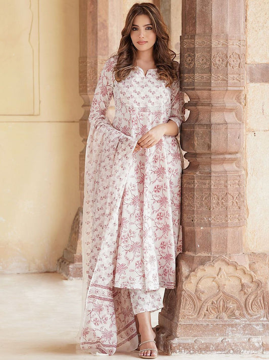 Dhiyona KL Floral Printed Notch Neck Pure Cotton Anarkali Kurta with Trousers & Dupatta