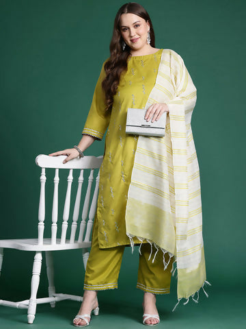 Women's Plus Size Olive Embroidered Straight Kurta Trousers With Dupatta Set