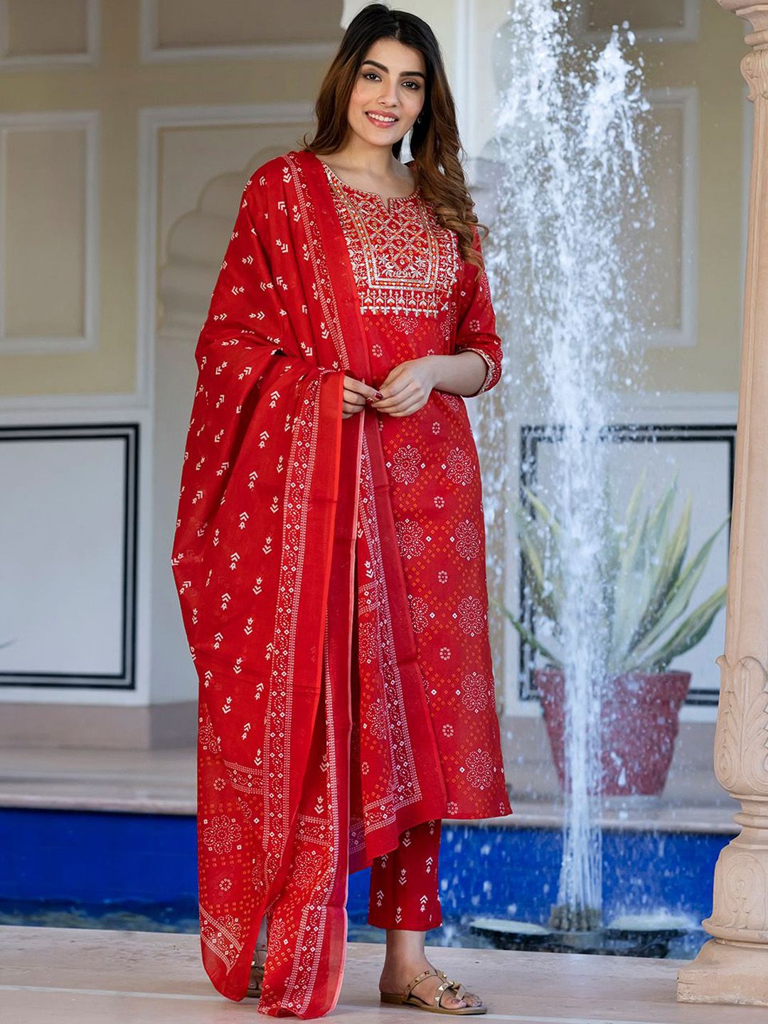 Dhiyona KL Bandhani Sequinned Embroidered Round Neck Pure Cotton Kurta with Trousers & Dupatta