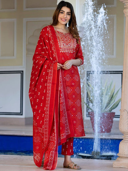 Dhiyona KL Bandhani Sequinned Embroidered Round Neck Pure Cotton Kurta with Trousers & Dupatta
