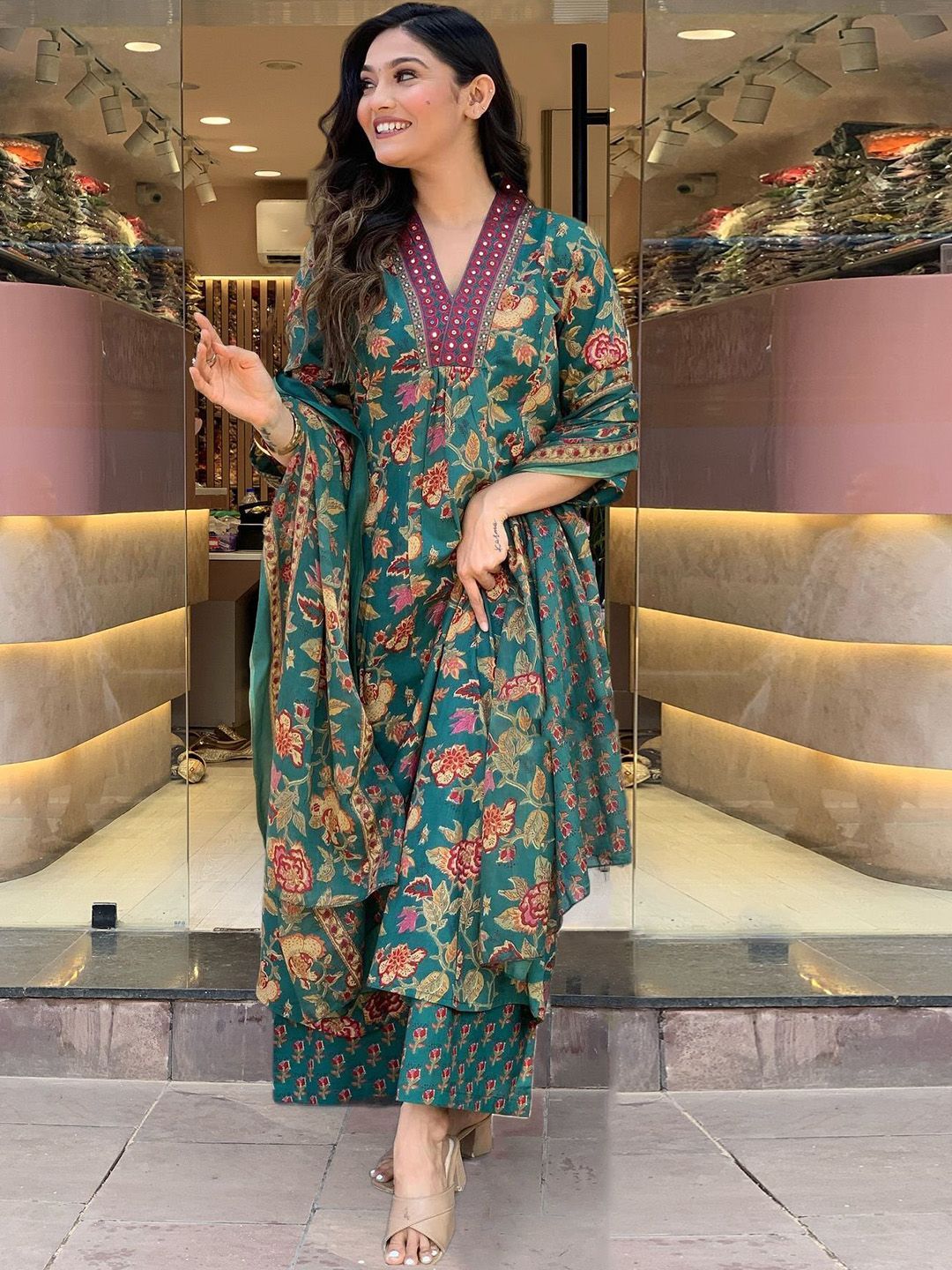 Dhiyona KL Floral Printed V-Neck A-Line Kurta With Palazzos & Dupatta