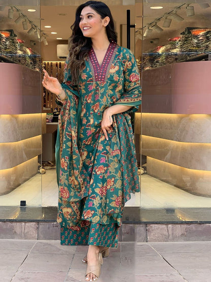 Dhiyona KL Floral Printed V-Neck A-Line Kurta With Palazzos & Dupatta