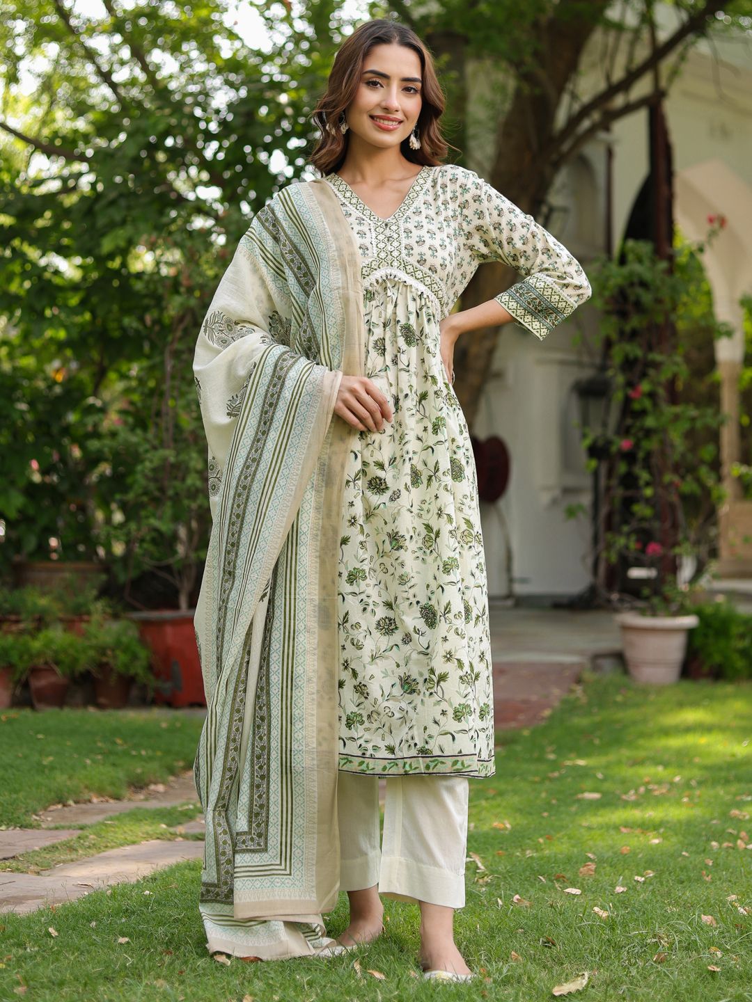 Dhiyona RR Women's Floral Printed Cotton Anarkali Kurta with Trousers & Dupatta