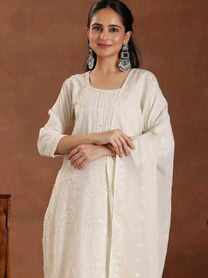 Women's LB Off White Embroidered Cotton Straight Suit With Dupatta