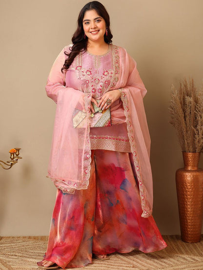 Dhiyona IN Plus Size Women Zari Thread Embroidered Crushed Organza Kurta Set with Dupatta