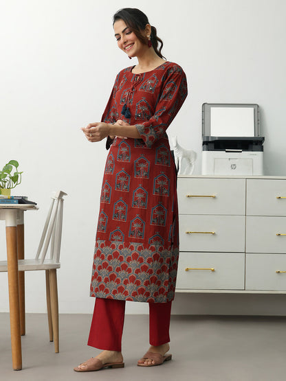 Women Ethnic Motifs Printed Regular Cotton Blend Kurta with Trousers