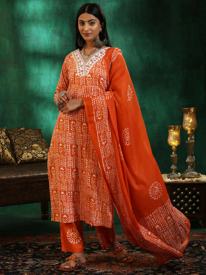 Women's LB Orange Printed Cotton Straight Suit With Dupatta