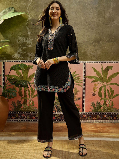 Embroidered Pure Cotton V-Neck Kurti & Trousers