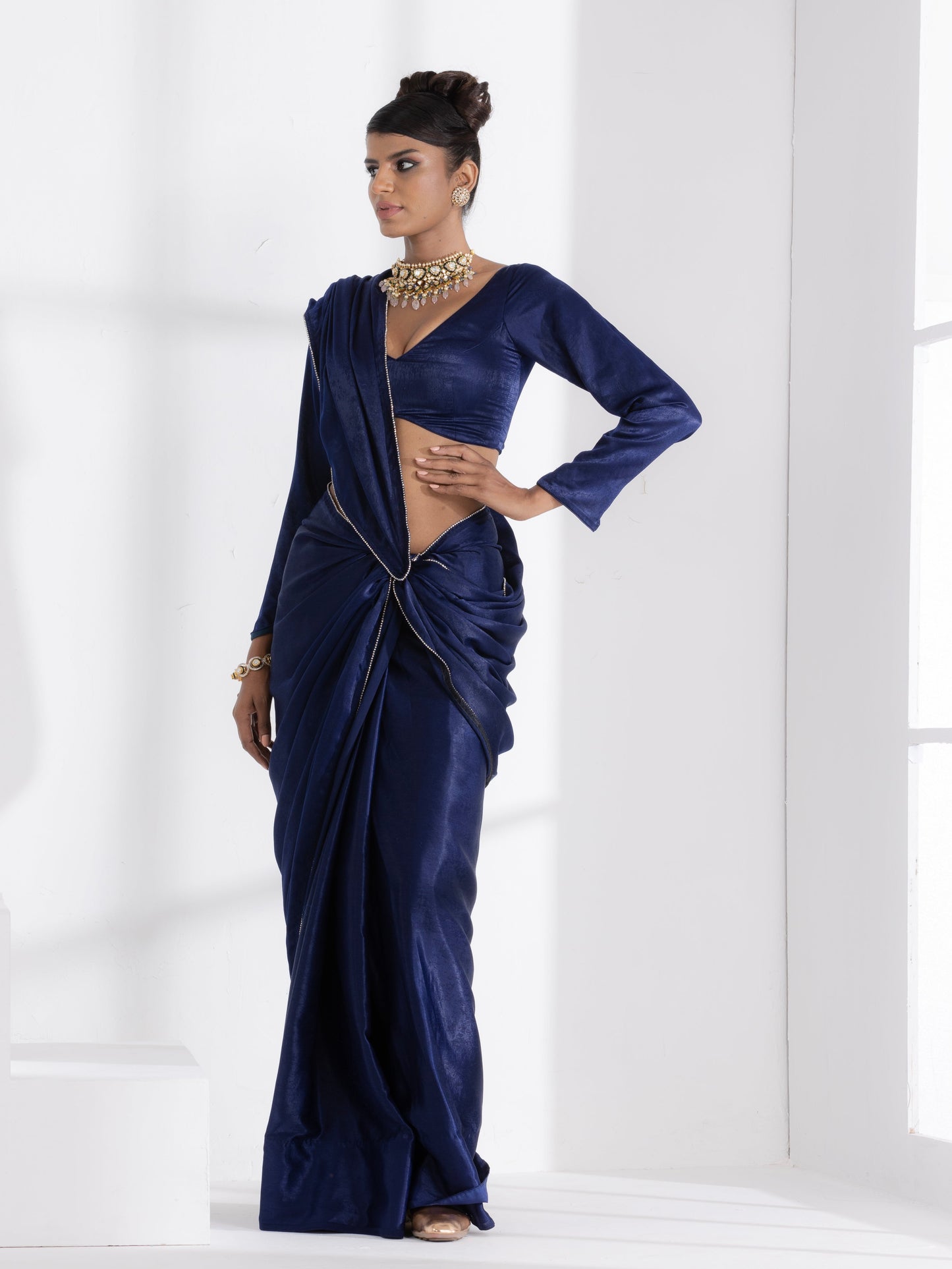 Dhiyona ST Posh Blue my Mind Saree with Diamond Lace and Self Blouse Fabric
