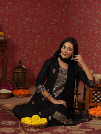 Dhiyona IS Women's Black Ethnic Motifs Printed Straight Kurta & Trouser With Dupatta