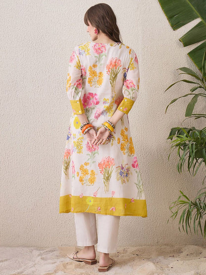 Dhiyona IE Floral Printed Round Neck Pure Cotton Straight Kurta With Trouser