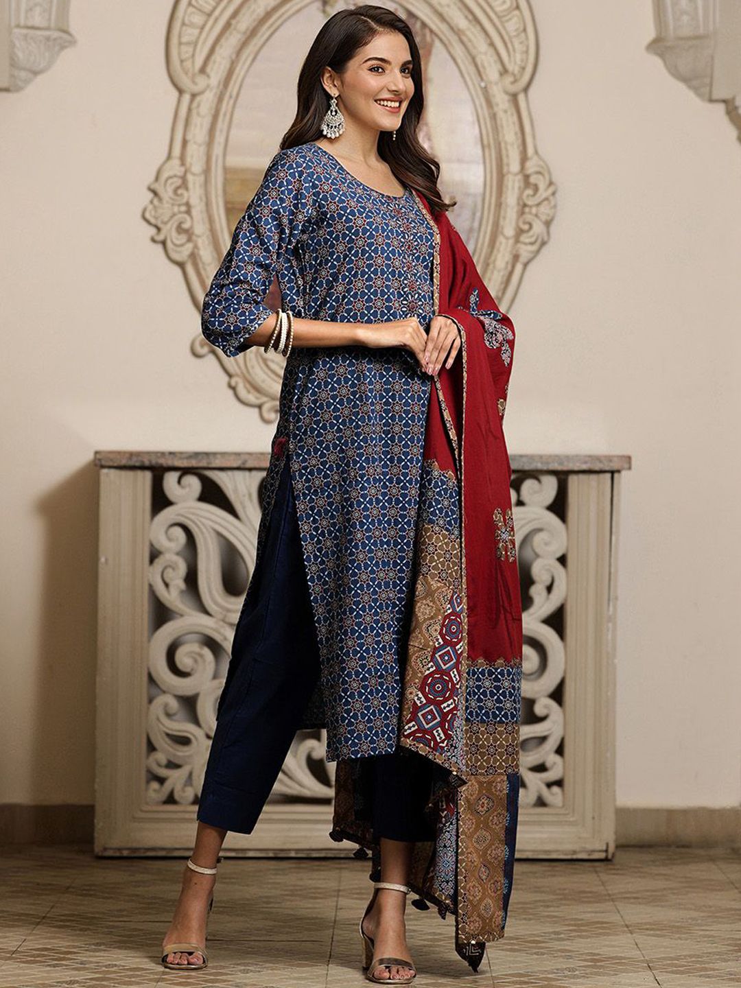 Dhiyona IS Women's Printed Applique Embroidered Pure Cotton Straight Kurta with Trouser & Dupatta