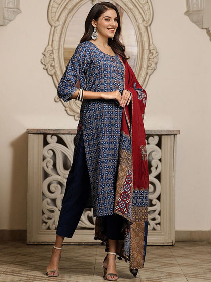 Dhiyona IS Women's Printed Applique Embroidered Pure Cotton Straight Kurta with Trouser & Dupatta