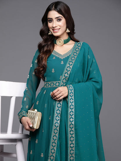 Dhiyona LL Floral Embroidered High Slit Sequinned Kurta with Palazzos & Dupatta