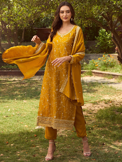 Ethnic Motifs Embroidered Round Neck Straight Kurta with Trousers & Dupatta