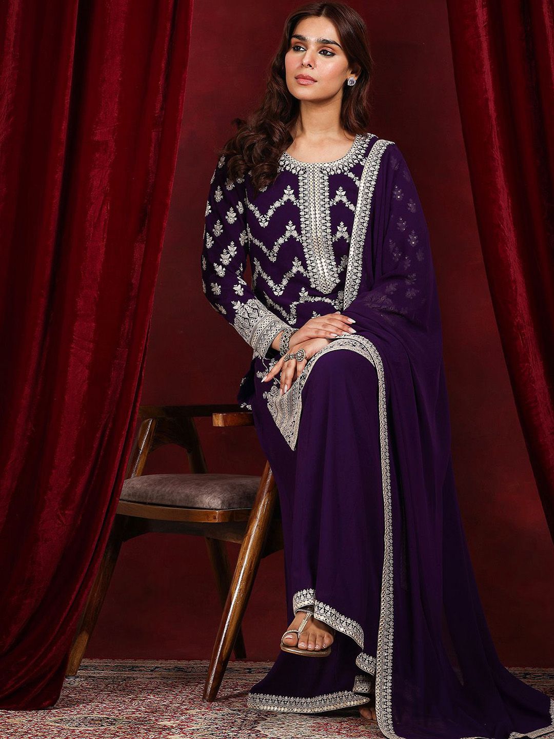 Dhiyona LL Embroidered Mirror Work Round Neck Kurta With Palazzos & Dupatta