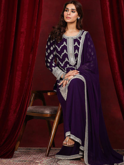 Dhiyona LL Embroidered Mirror Work Round Neck Kurta With Palazzos & Dupatta