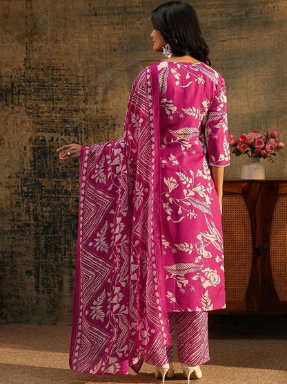 Rani Pink Floral Printed Cotton Blend Straight Suit Set