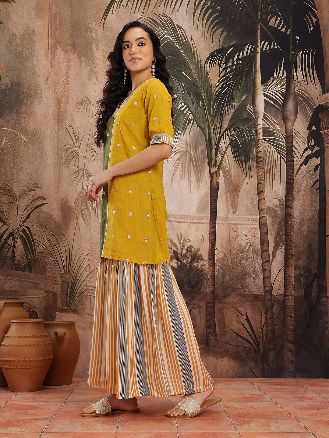 Floral Embroidered Gotta Patti Detail Pure Cotton Kurti with Sharara & Dupatta
