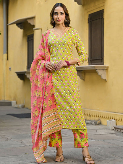 Dhiyona KL Floral Printed Straight Kurta with Trousers & Dupatta