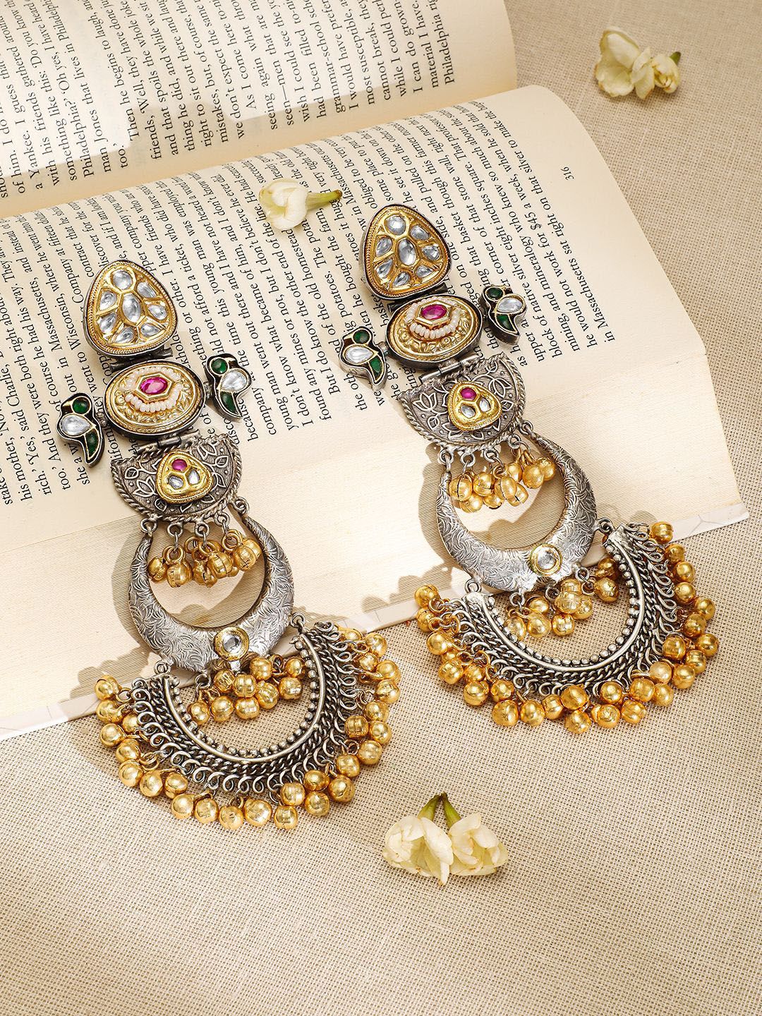 Dhiyona RJ Women's Oxidised Silver & Gold-Plated Long Chandbali with Kundan, Ruby,Emerald & Gold Beads