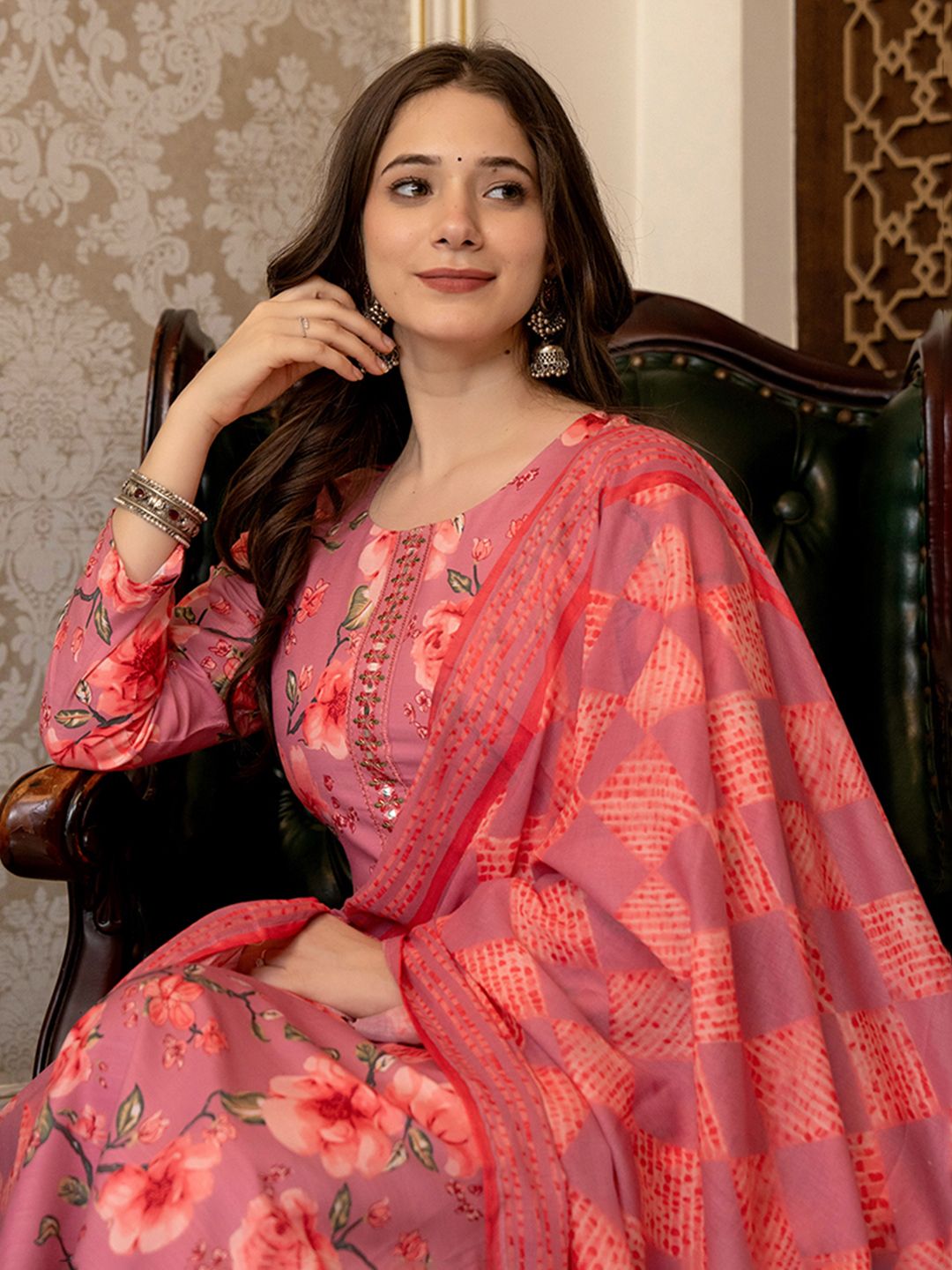 Dhiyona KL Floral Printed Mirror Work Straight Kurta With Trousers & Dupatta
