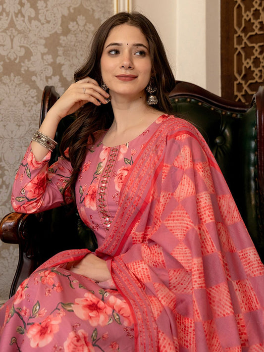 Dhiyona KL Floral Printed Mirror Work Straight Kurta With Trousers & Dupatta