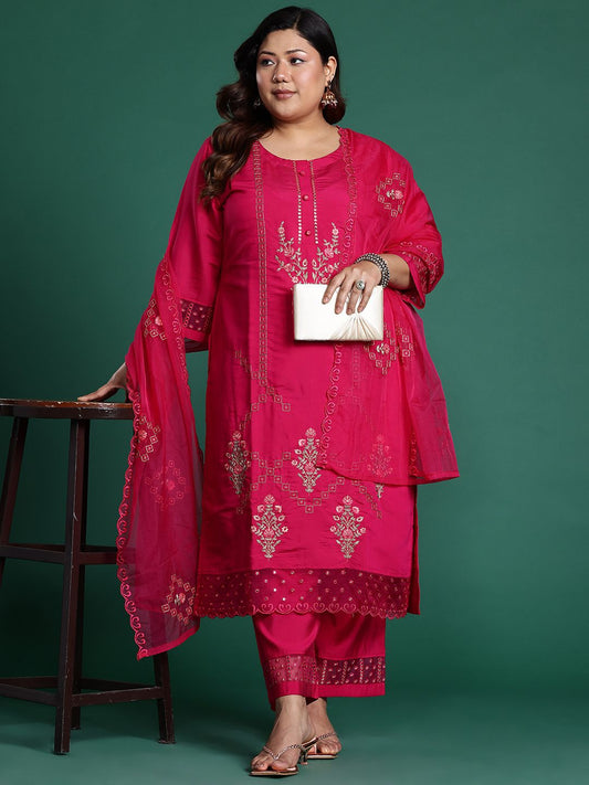 Dhiyona Women's Plus Size Ethnic Motifs Embroidered Mirror Work Kurta Set