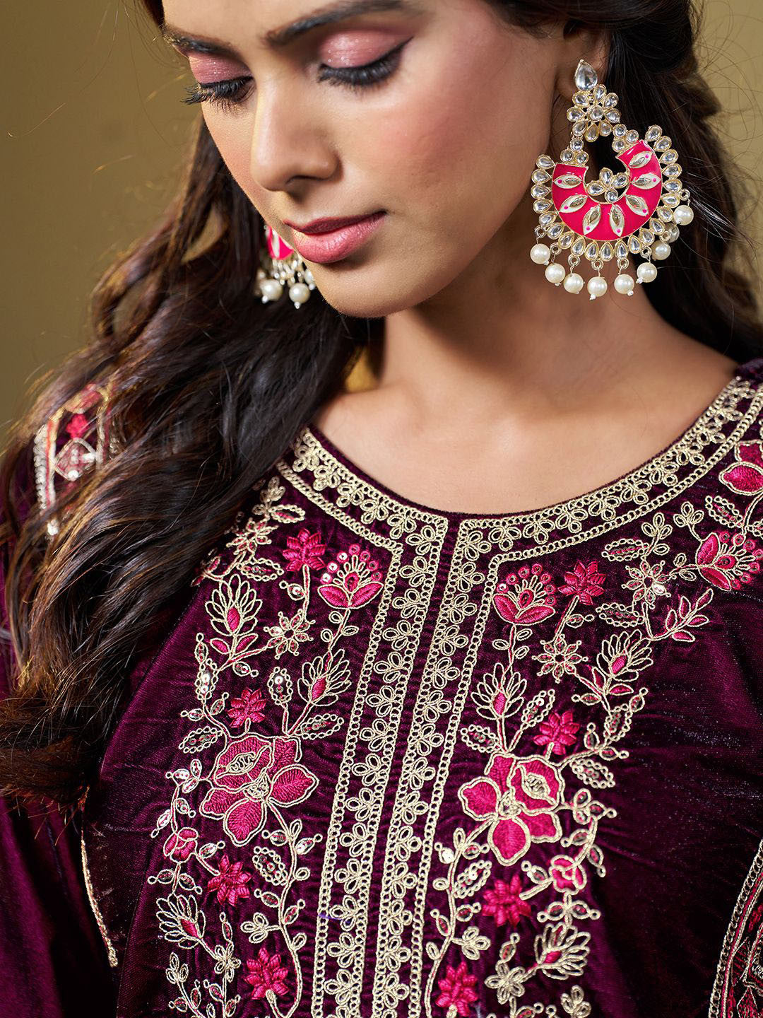 Women Velvet Yoke Embroidery Straight Kurta Pant With Dupatta Set