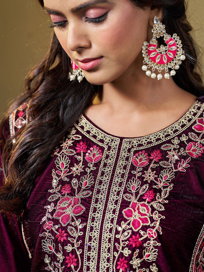 Women Velvet Yoke Embroidery Straight Kurta Pant With Dupatta Set