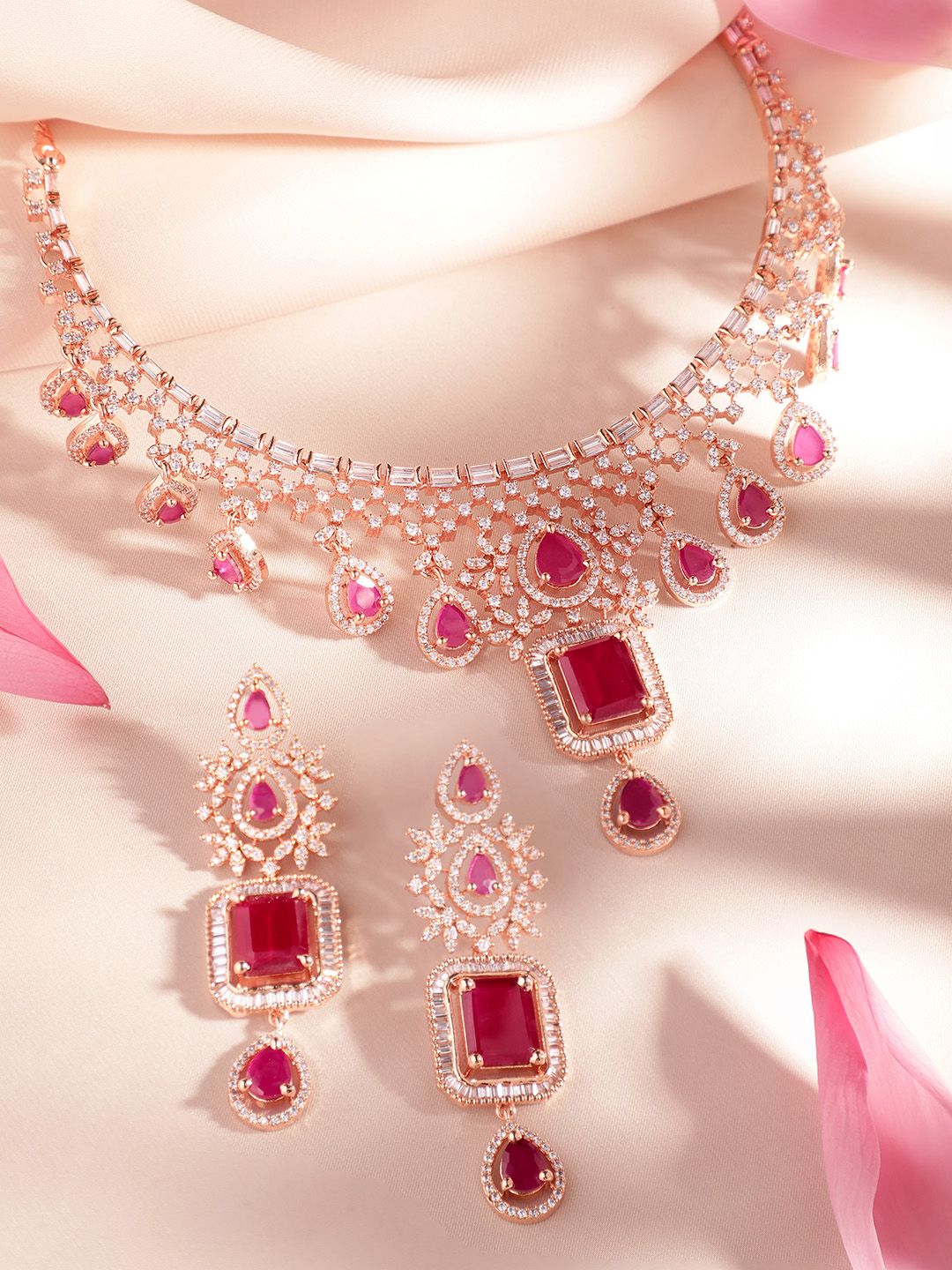 Dhiyona RJ Women's 24K Rose Gold Plated Pink Sapphire & CZ Studded Handcrafted Premium Jewellery Set