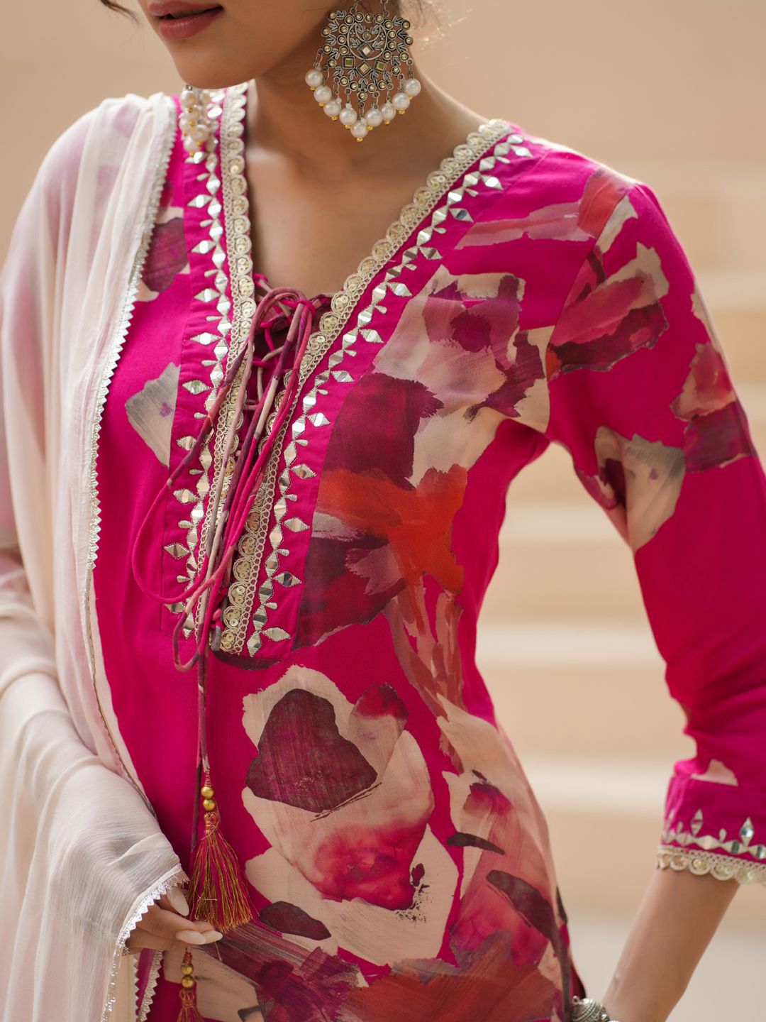 Dhiyona RR Women's Floral Printed Cotton Silk Mirror Work Kurta With Trousers & Dupatta