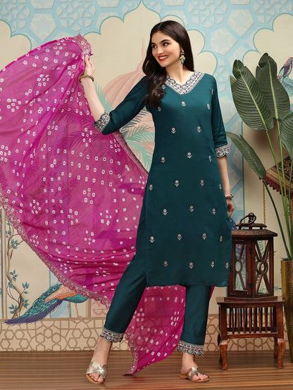 Dhiyona IS Women's Green Embroidered Regular Sequinned Straight Kurta With Trousers & Duppatta